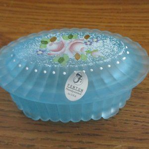Fenton Art Glass Blue Topaz Trinket Box Oval Ribbed Floral Hand Painted & Signed